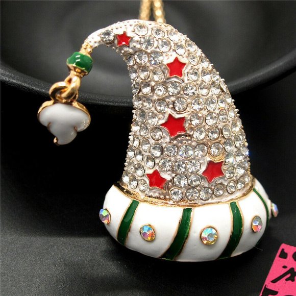 CLEAR Crystal Santa Hat NECKLACE or PIN - Picture 3 of 4